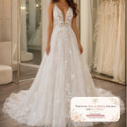 Floral Lace A-Line Wedding Dress with V-Neck and Spaghetti Straps