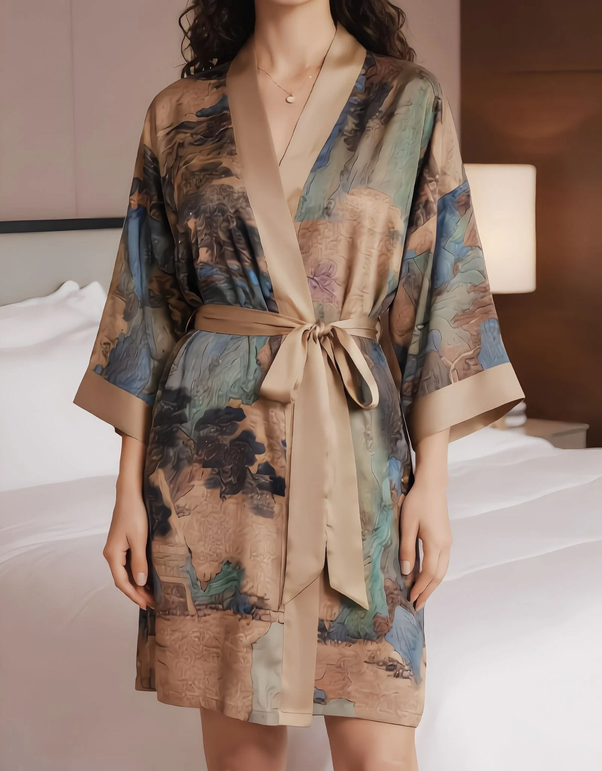 Camel Lace Bridal Robe – Short Satin Kimono Dressing Gown