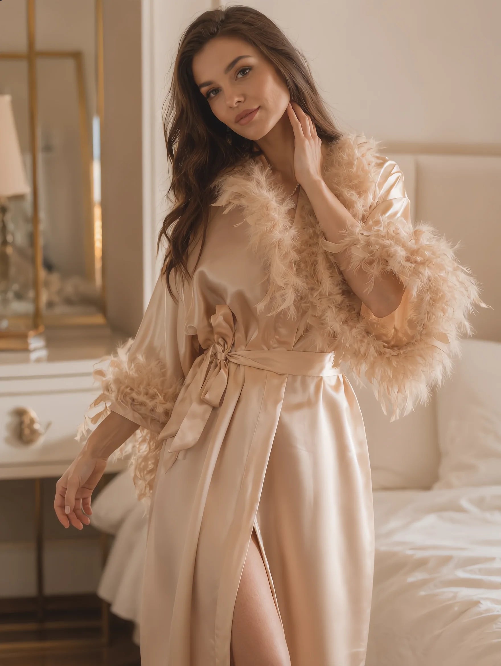 Satin Feather Bridal Robe – Luxury Kimono Dressing Gown