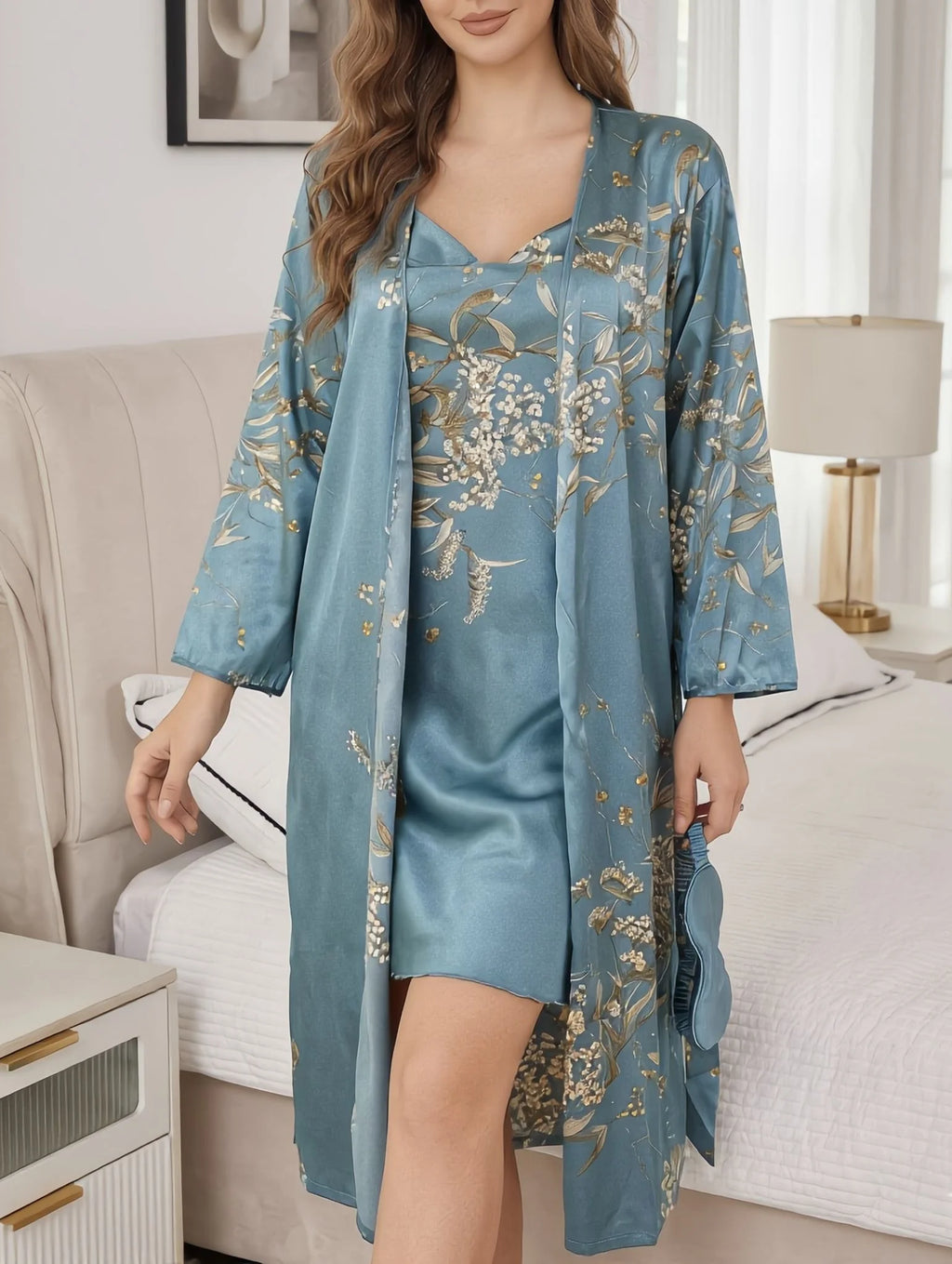 Floral Lace Bridal Robe Set – 2 Piece Satin Kimono & Nightgown