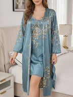 Floral Lace Bridal Robe Set – 2 Piece Satin Kimono & Nightgown