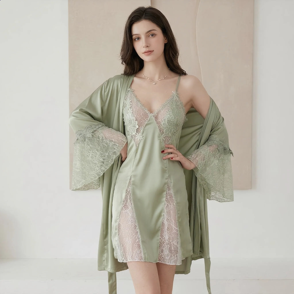 Lace Bridal Robe Set – Satin Kimono & Sheer Nightgown