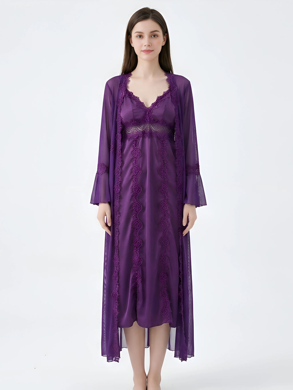 Long Purple Bridal Robe with Lace Details