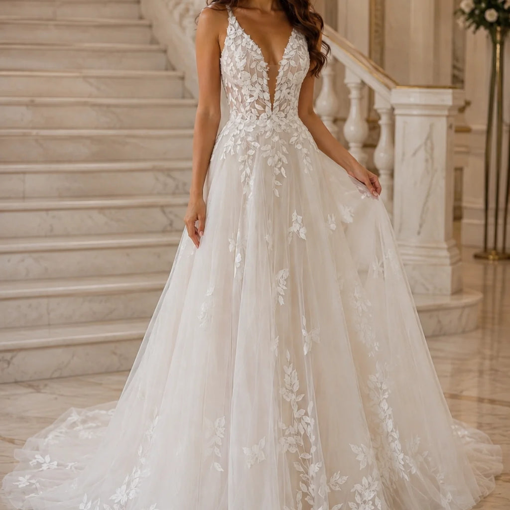 Floral Lace A-Line Wedding Dress with V-Neck and Spaghetti Straps