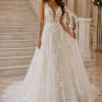 Floral Lace A-Line Wedding Dress with V-Neck and Spaghetti Straps