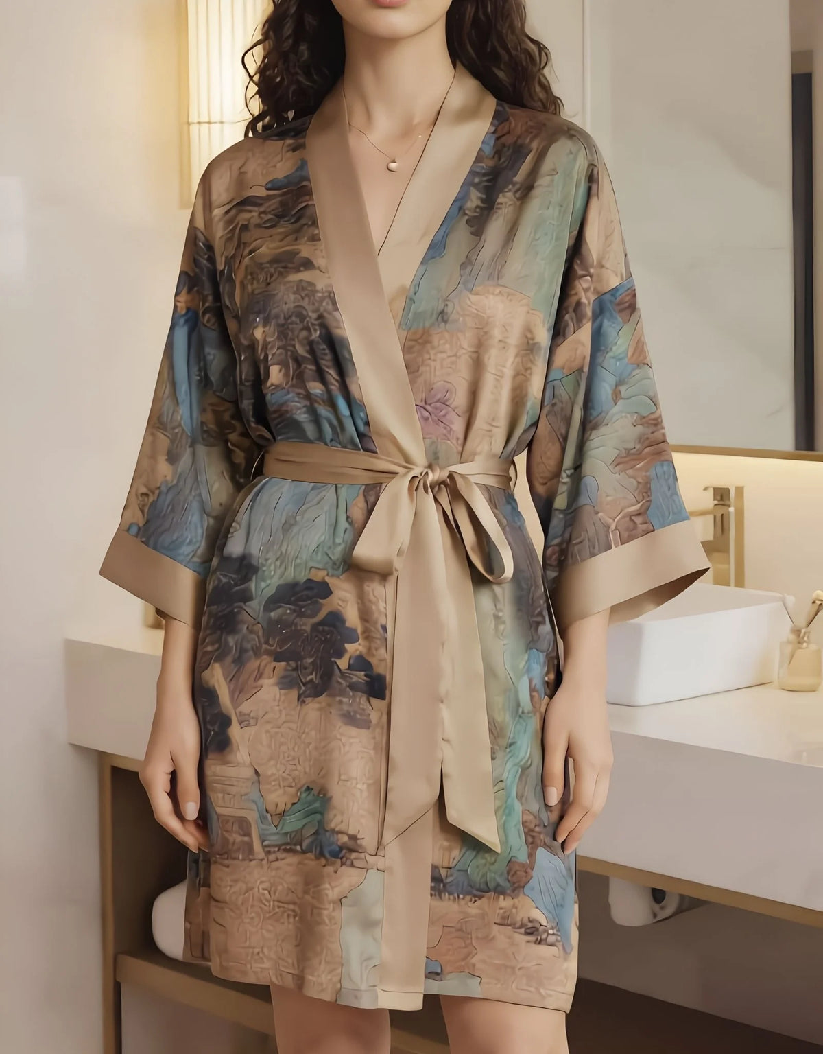 Camel Lace Bridal Robe – Short Satin Kimono Dressing Gown