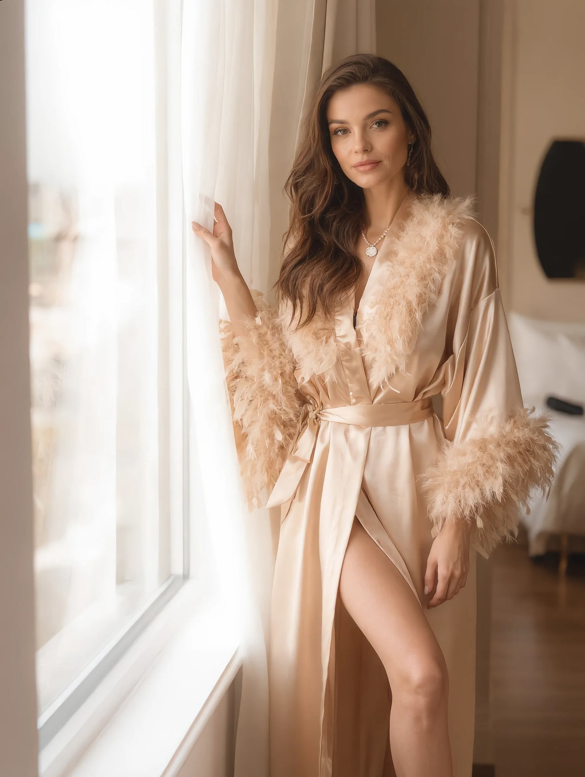Satin Feather Bridal Robe – Luxury Kimono Dressing Gown