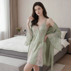Lace Bridal Robe Set – Satin Kimono & Sheer Nightgown