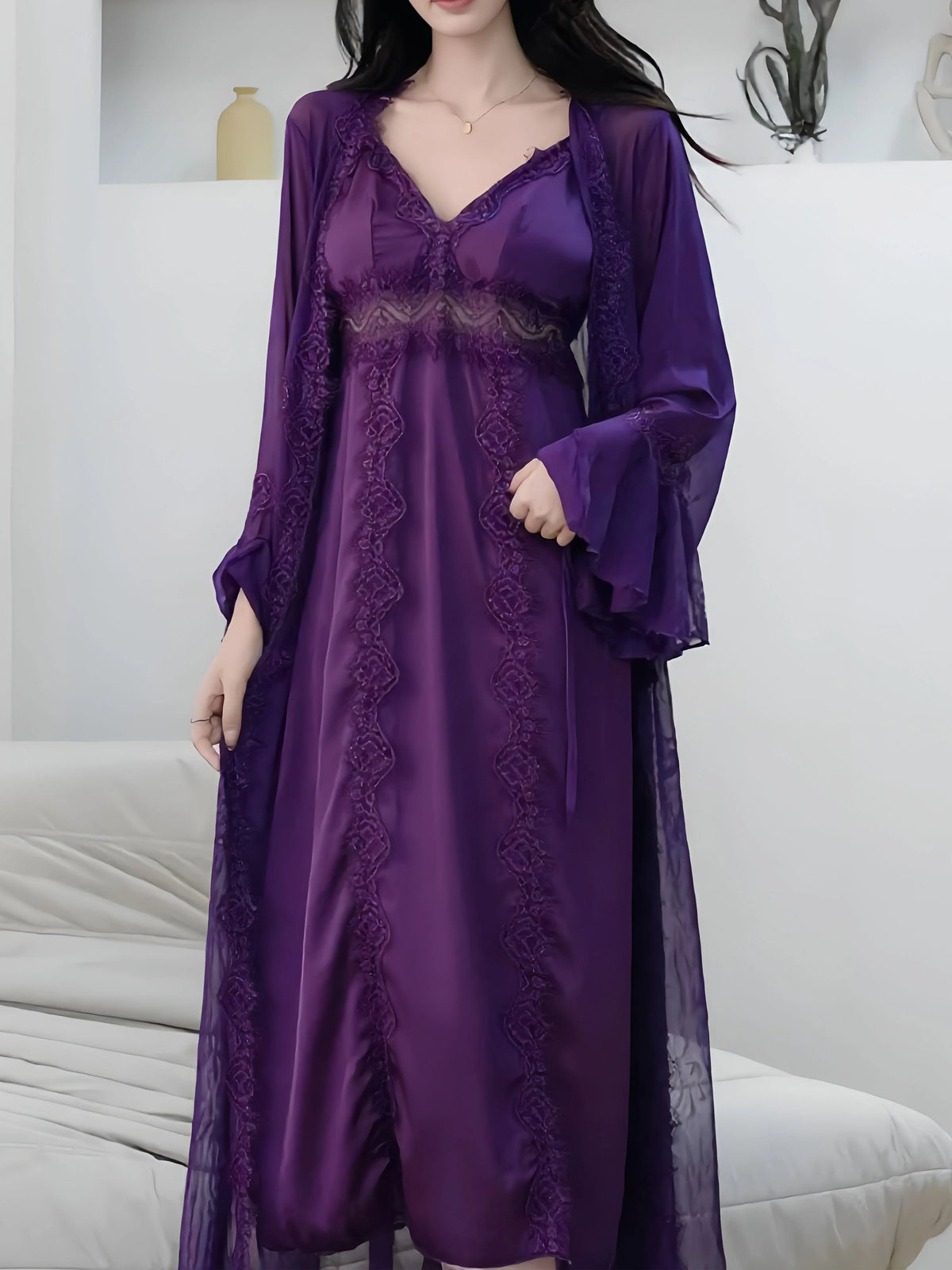 Long Purple Bridal Robe with Lace Details