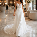Elegant bohemian bridal gown with floral lace appliqué