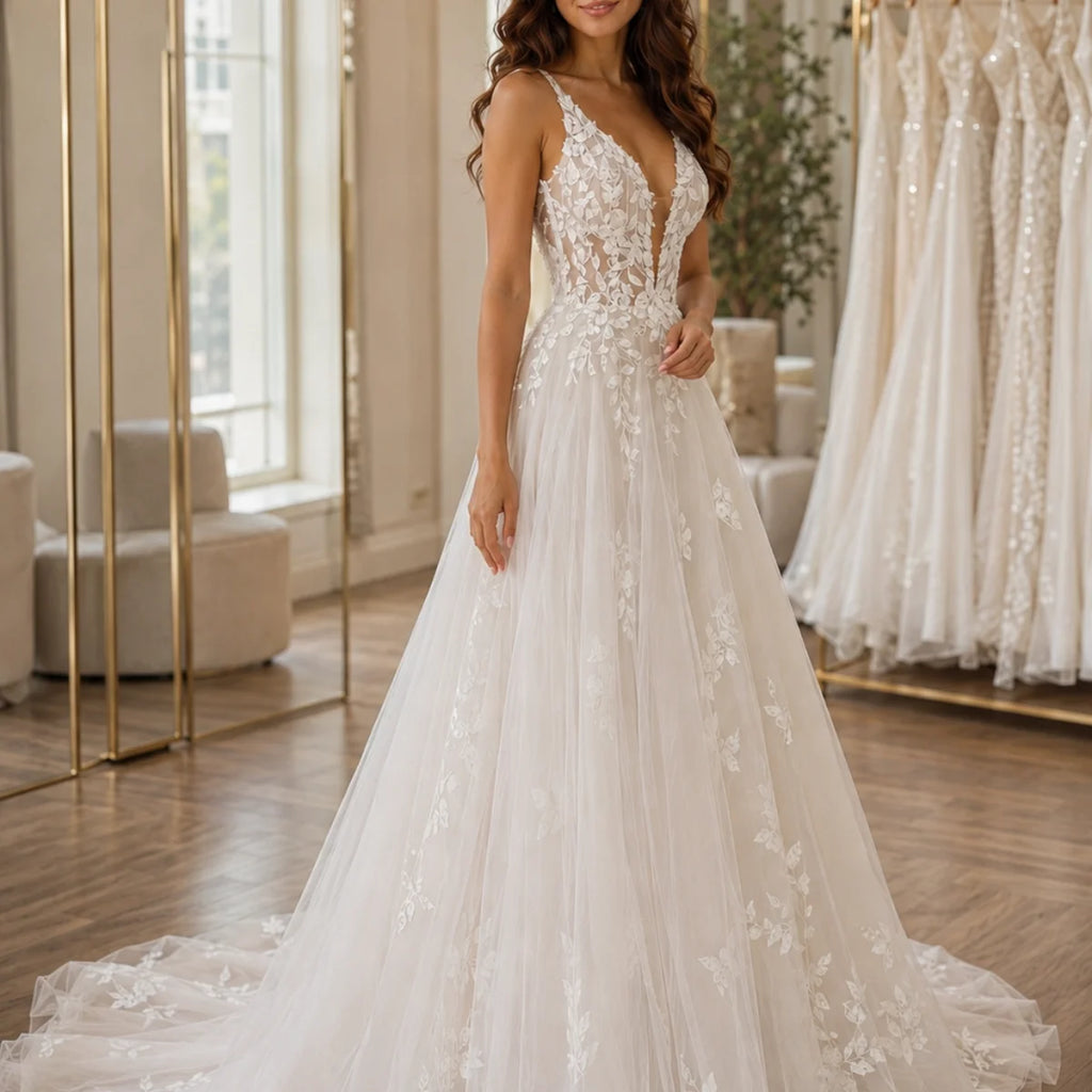 Floral Lace A-Line Wedding Dress with V-Neck and Spaghetti Straps