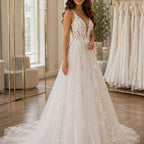 Floral Lace A-Line Wedding Dress with V-Neck and Spaghetti Straps