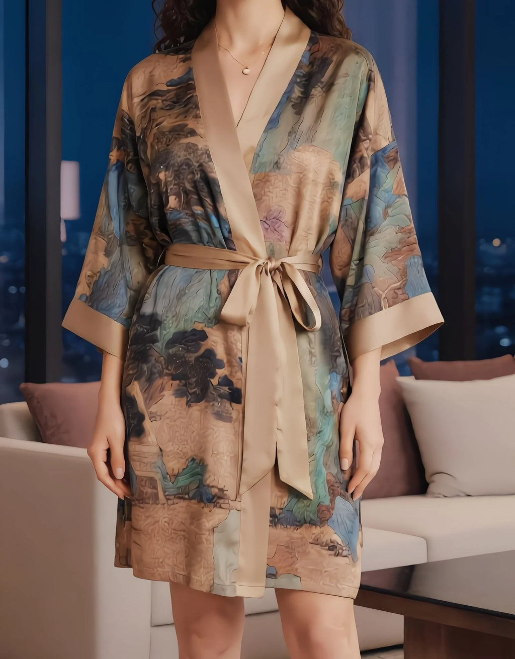Camel Lace Bridal Robe – Short Satin Kimono Dressing Gown