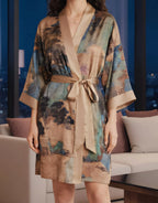 Camel Lace Bridal Robe – Short Satin Kimono Dressing Gown