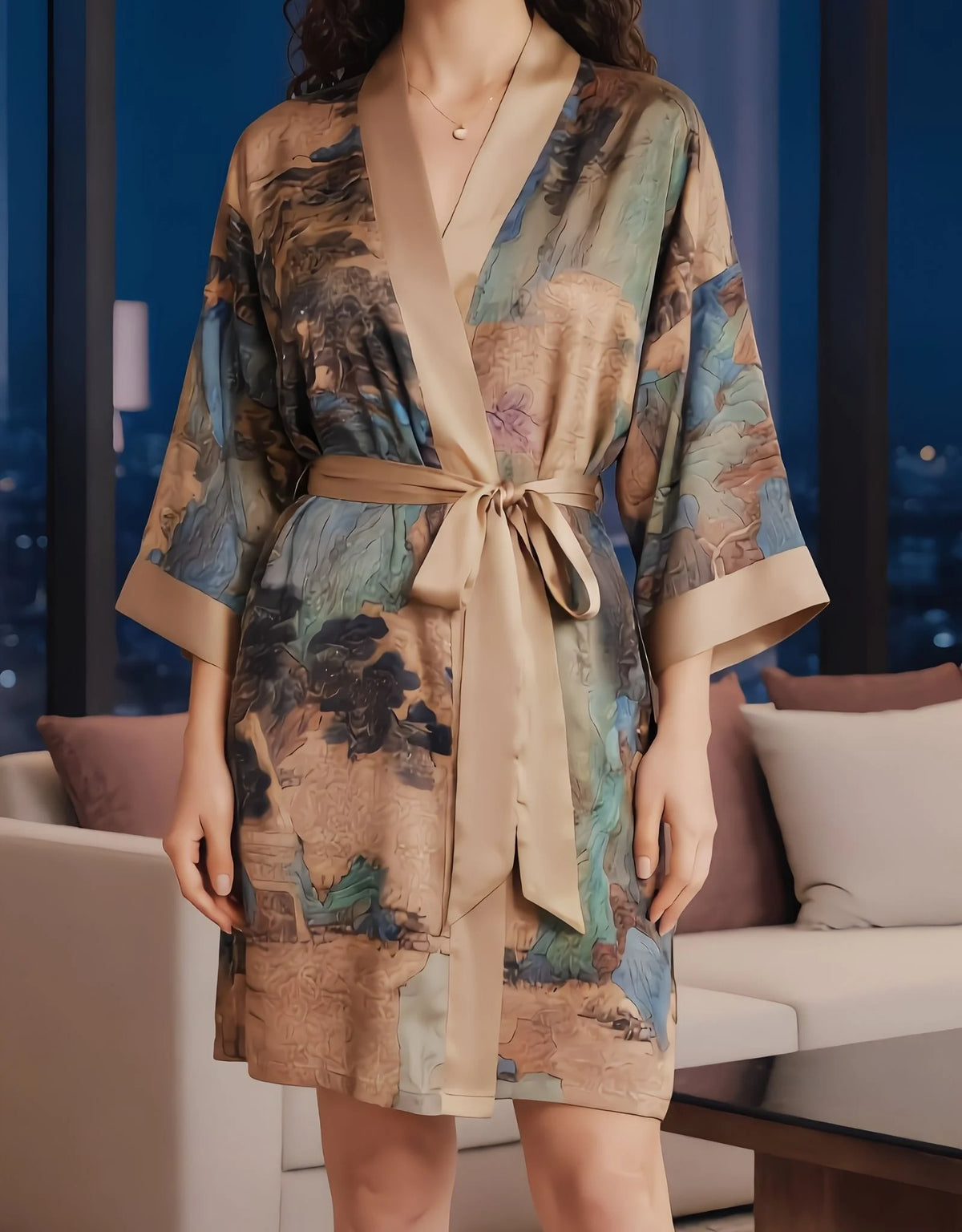 Camel Lace Bridal Robe – Short Satin Kimono Dressing Gown