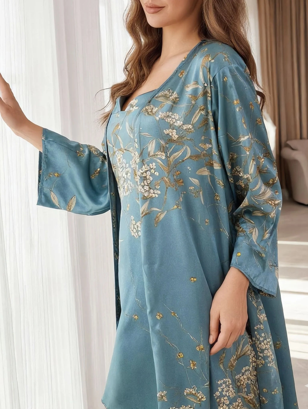 Floral Lace Bridal Robe Set – 2 Piece Satin Kimono & Nightgown
