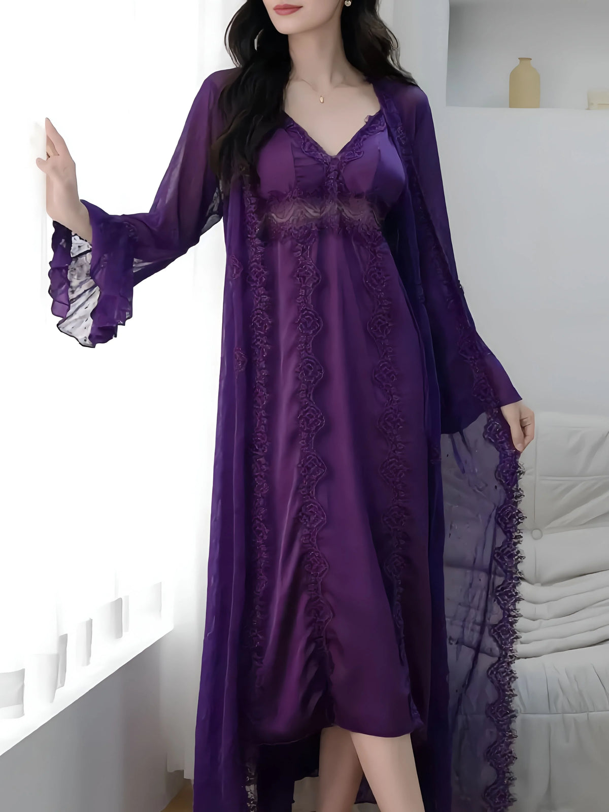 Long Purple Bridal Robe with Lace Details