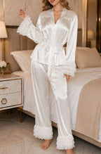 White Lace Bridal Pajama Set – Satin Long Sleeve Sleepwear