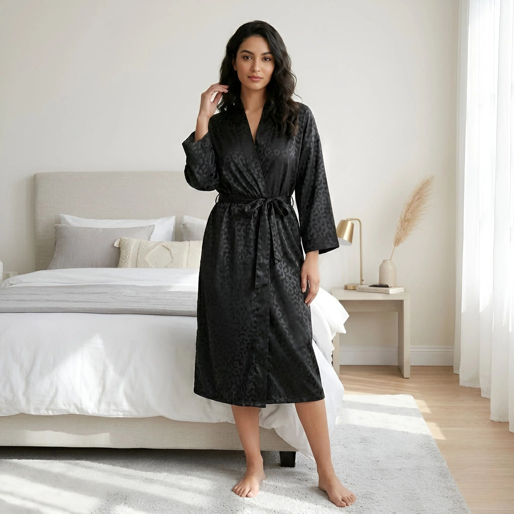 Lightweight silk-look kimono robe styled for elegant lounging