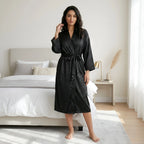 Lightweight silk-look kimono robe styled for elegant lounging
