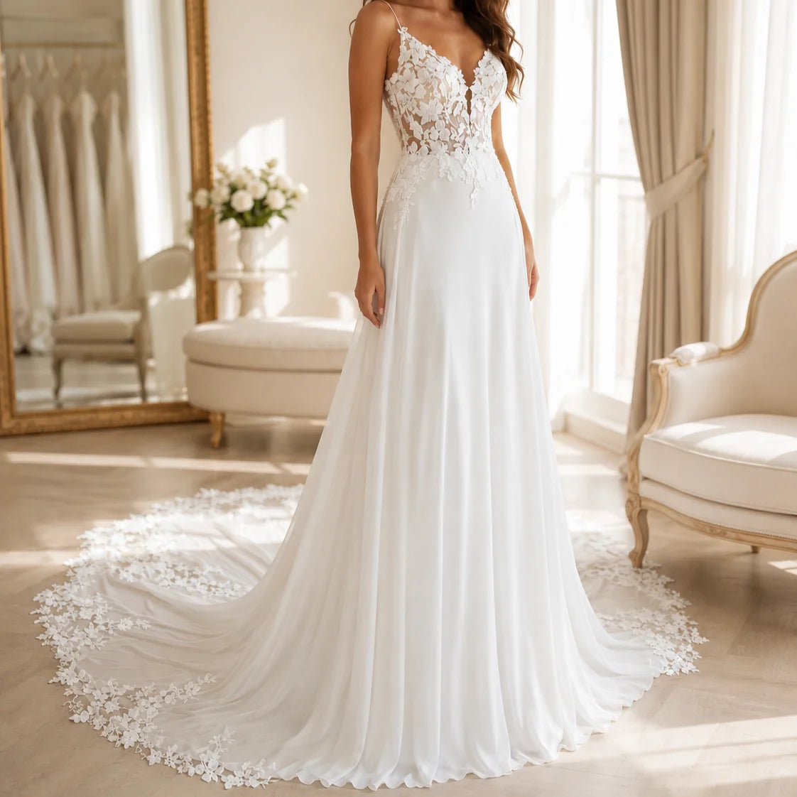 Floor-length A-line wedding dress with flowing lace-detailed train