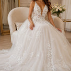 Floral Lace A-Line Wedding Dress with V-Neck and Spaghetti Straps