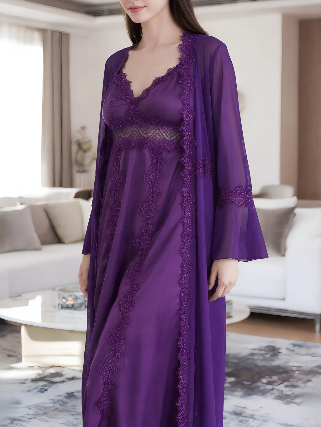 Long Purple Bridal Robe with Lace Details