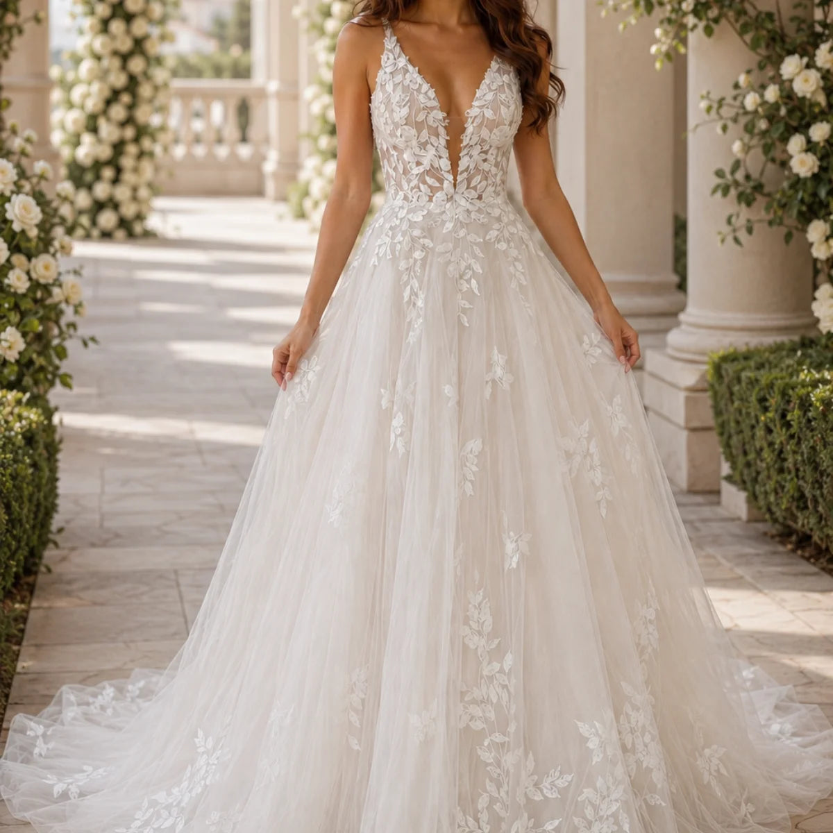 Floral Lace A-Line Wedding Dress with V-Neck and Spaghetti Straps