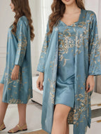 Floral Lace Bridal Robe Set – 2 Piece Satin Kimono & Nightgown