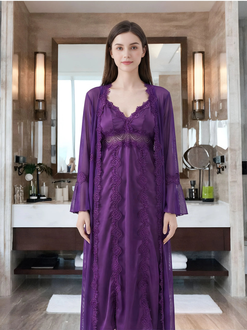 Long Purple Bridal Robe with Lace Details