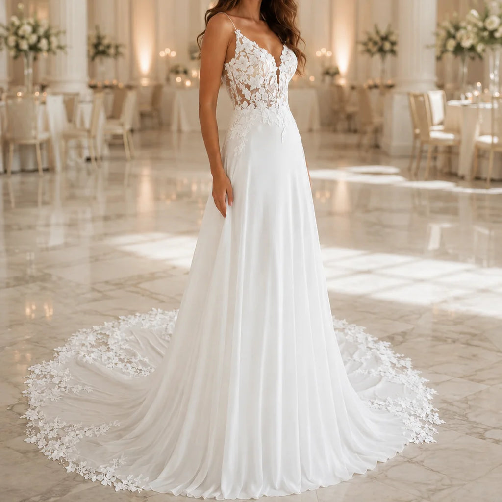 Front view of a romantic V-neck boho wedding dress