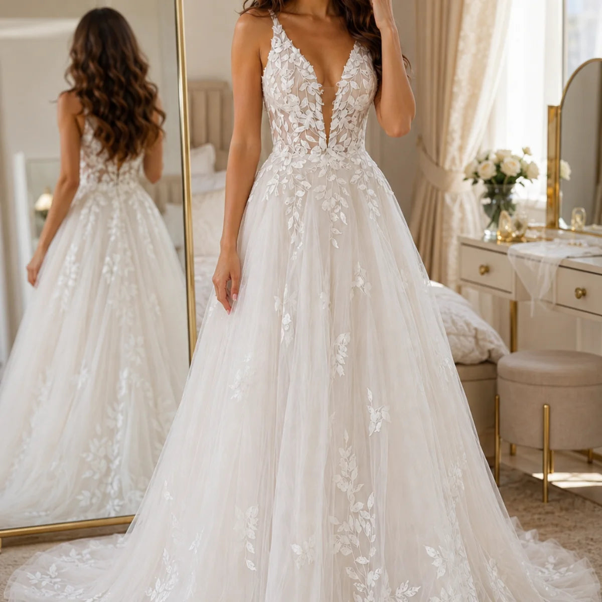 Floral Lace A-Line Wedding Dress with V-Neck and Spaghetti Straps