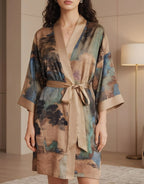 Camel Lace Bridal Robe – Short Satin Kimono Dressing Gown
