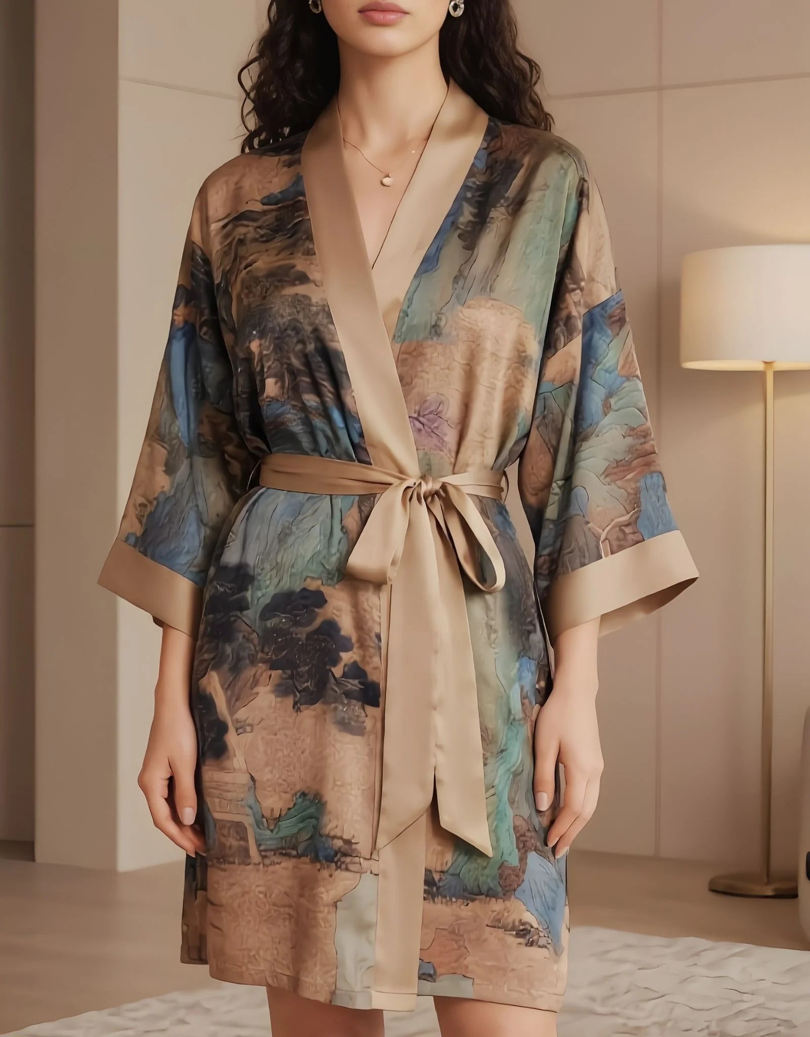 Camel Lace Bridal Robe – Short Satin Kimono Dressing Gown