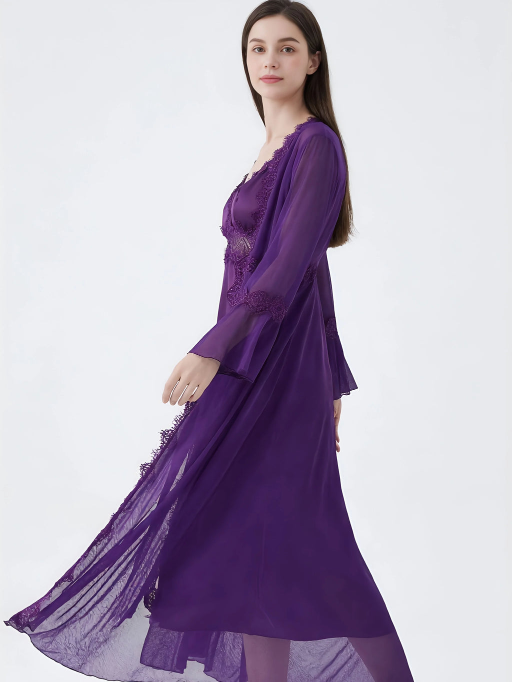 Long Purple Bridal Robe with Lace Details
