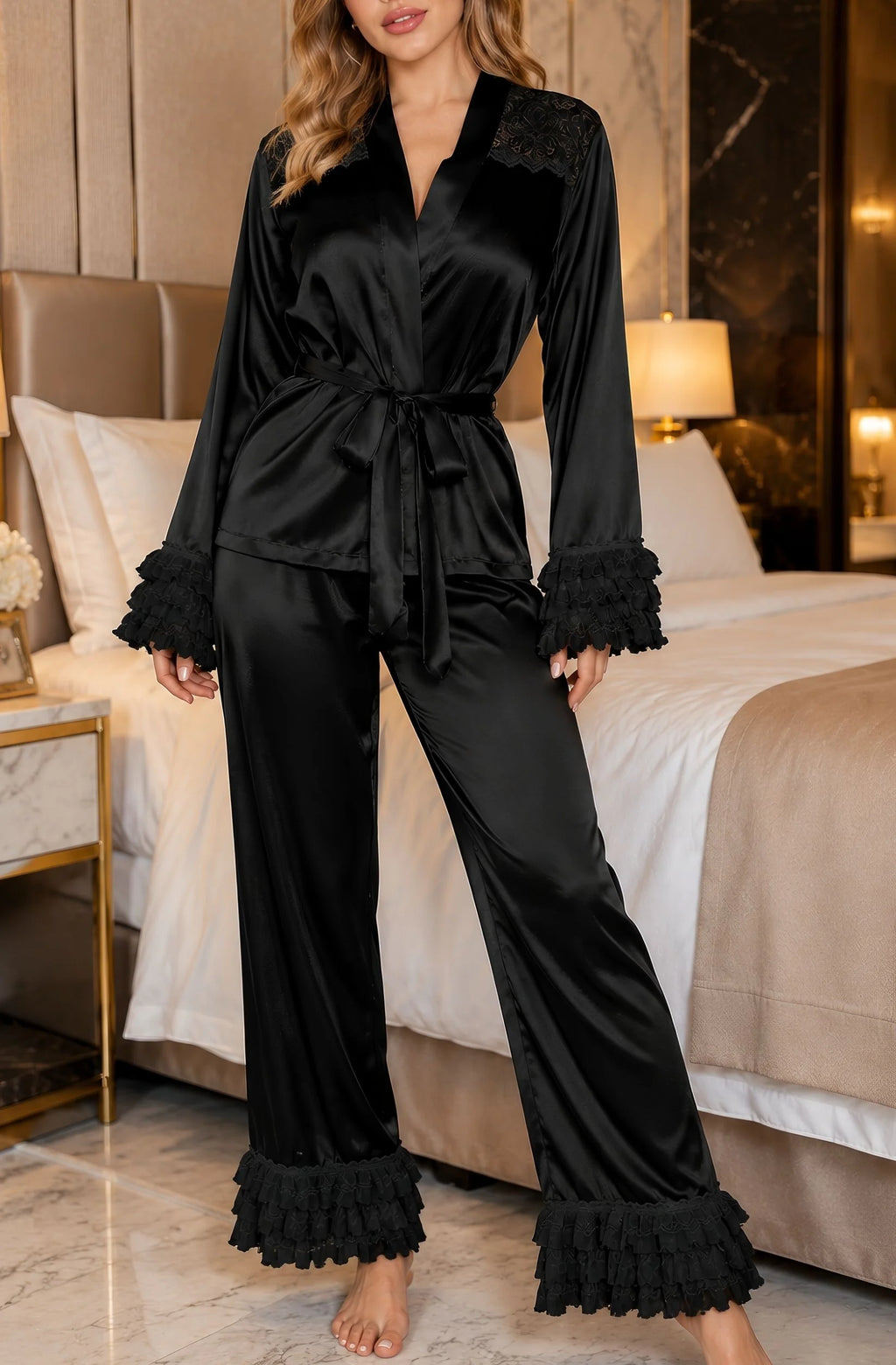 White Lace Bridal Pajama Set – Satin Long Sleeve Sleepwear