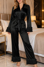 White Lace Bridal Pajama Set – Satin Long Sleeve Sleepwear