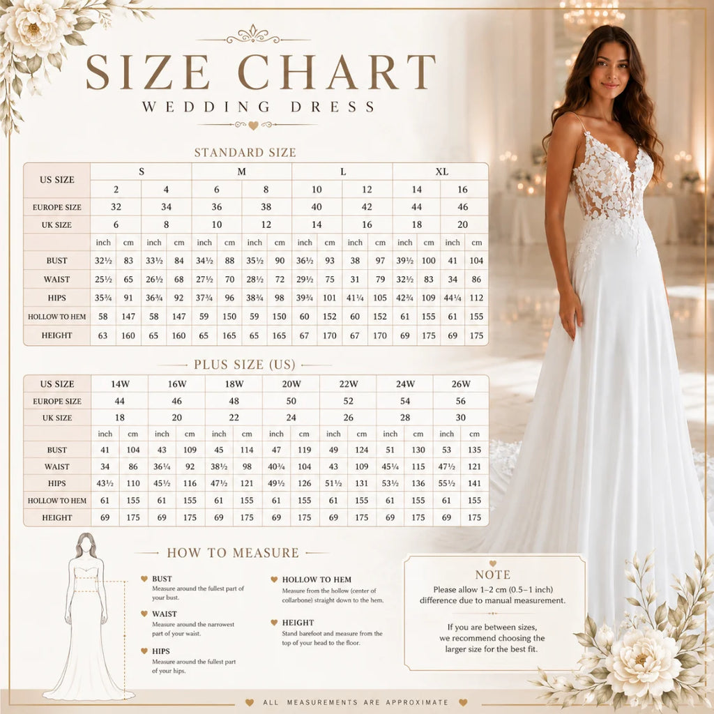 Wedding dress size chart with bridal body measurement guide