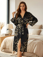 Black Floral Satin Kimono Robe – Long Luxury Dressing Gown