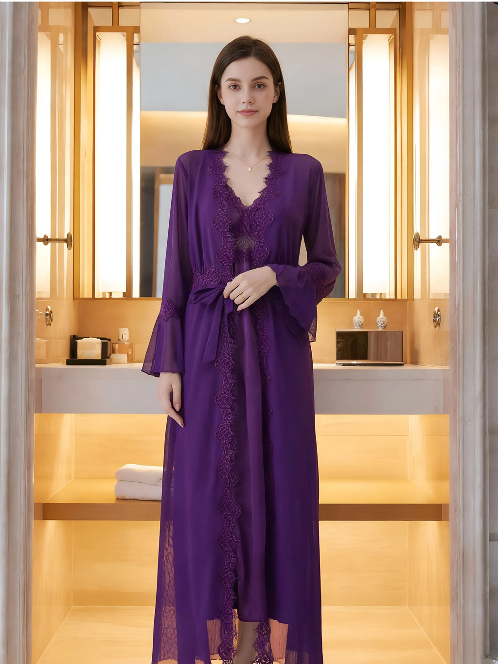Long Purple Bridal Robe with Lace Details