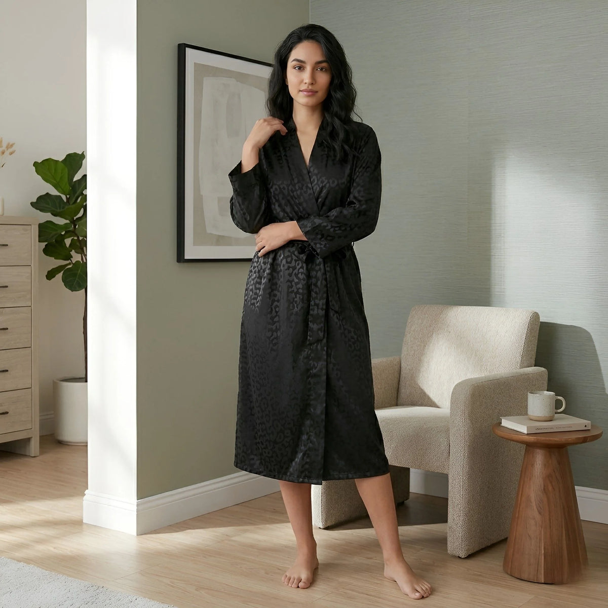 Women's ice-silk texture robe styled as sophisticated loungewear