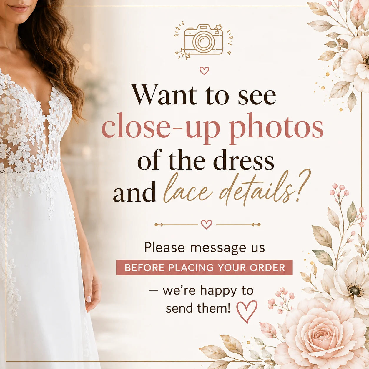 Floral appliqué detail on an elegant boho wedding dress