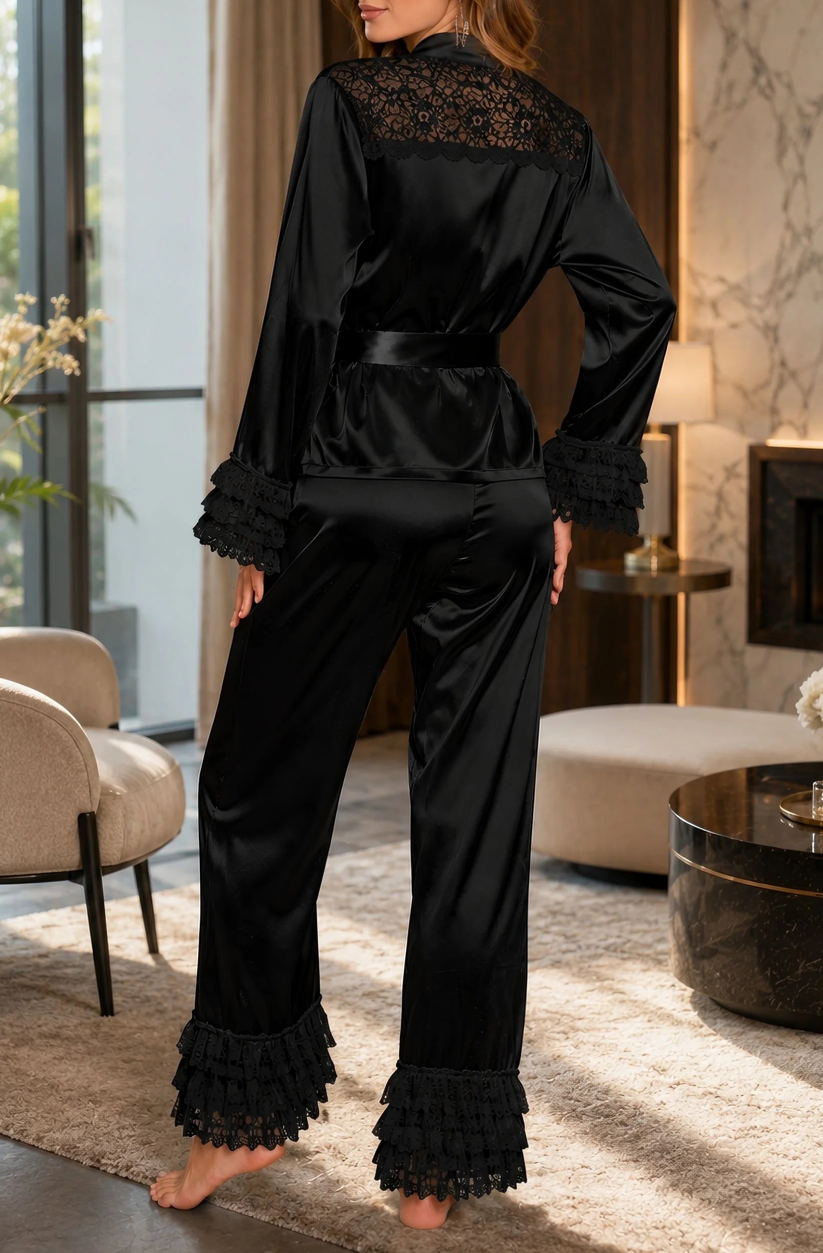 White Lace Bridal Pajama Set – Satin Long Sleeve Sleepwear