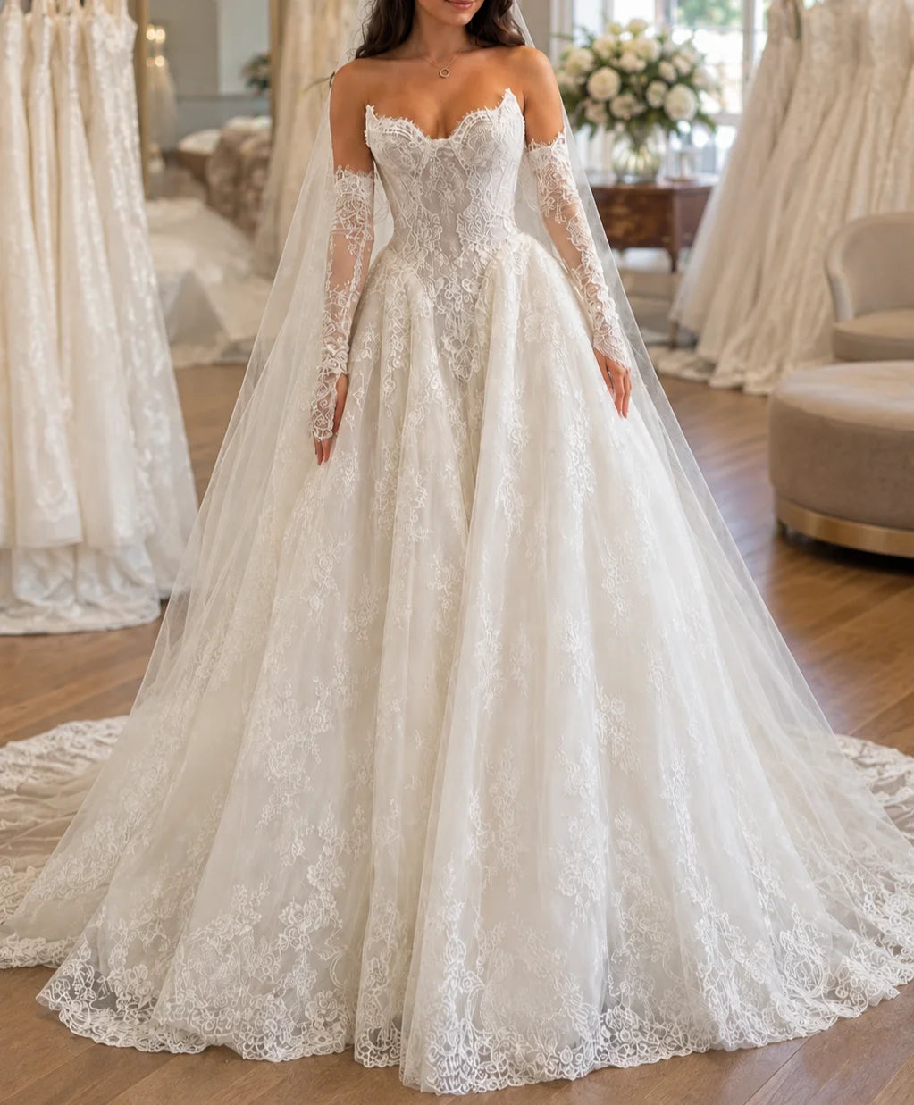 Modest white lace wedding dress with detachable long sleeves
