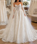 Modest white lace wedding dress with detachable long sleeves