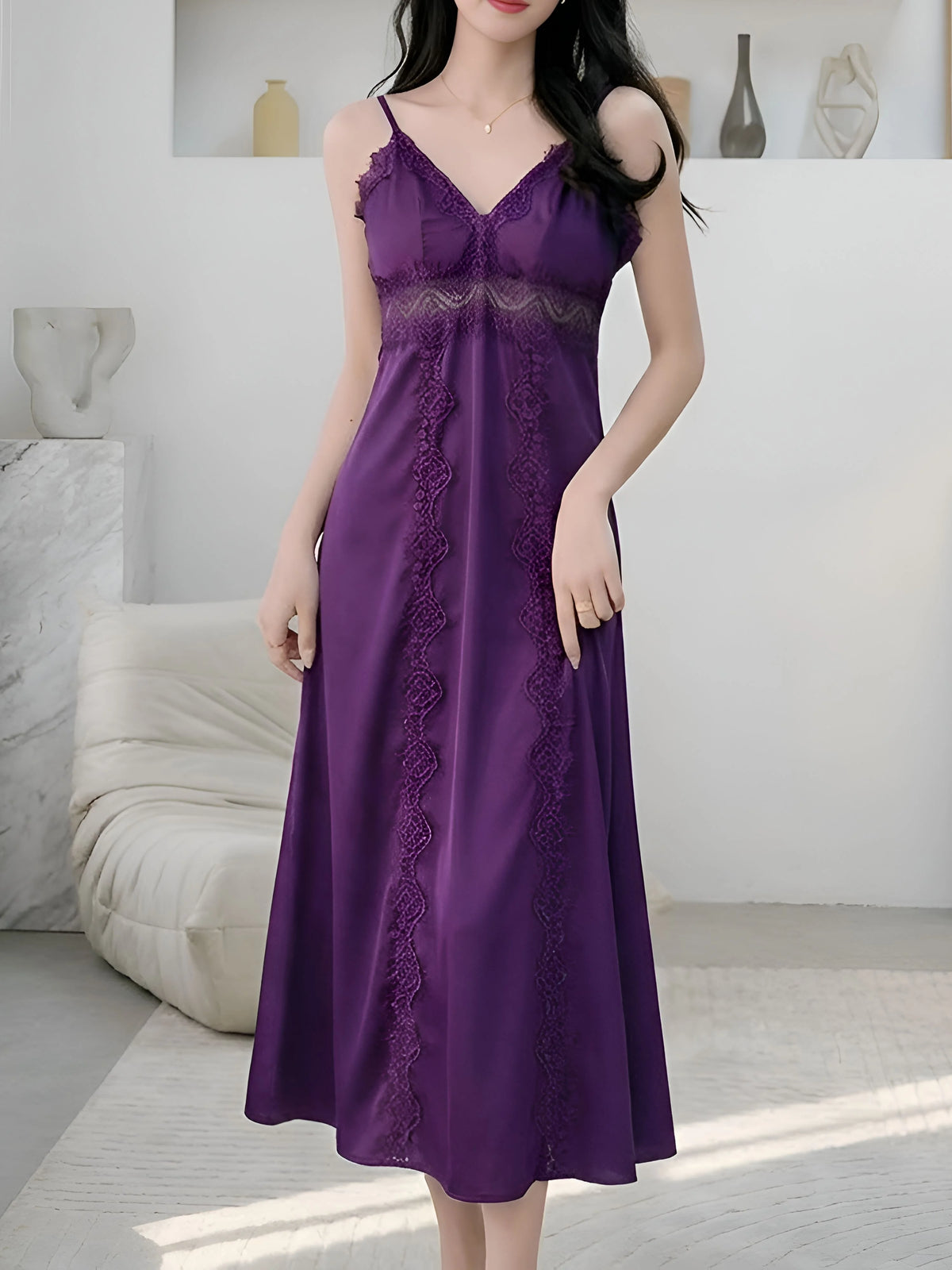 Long Purple Bridal Robe with Lace Details