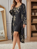 Black Floral Satin Kimono Robe – Long Luxury Dressing Gown