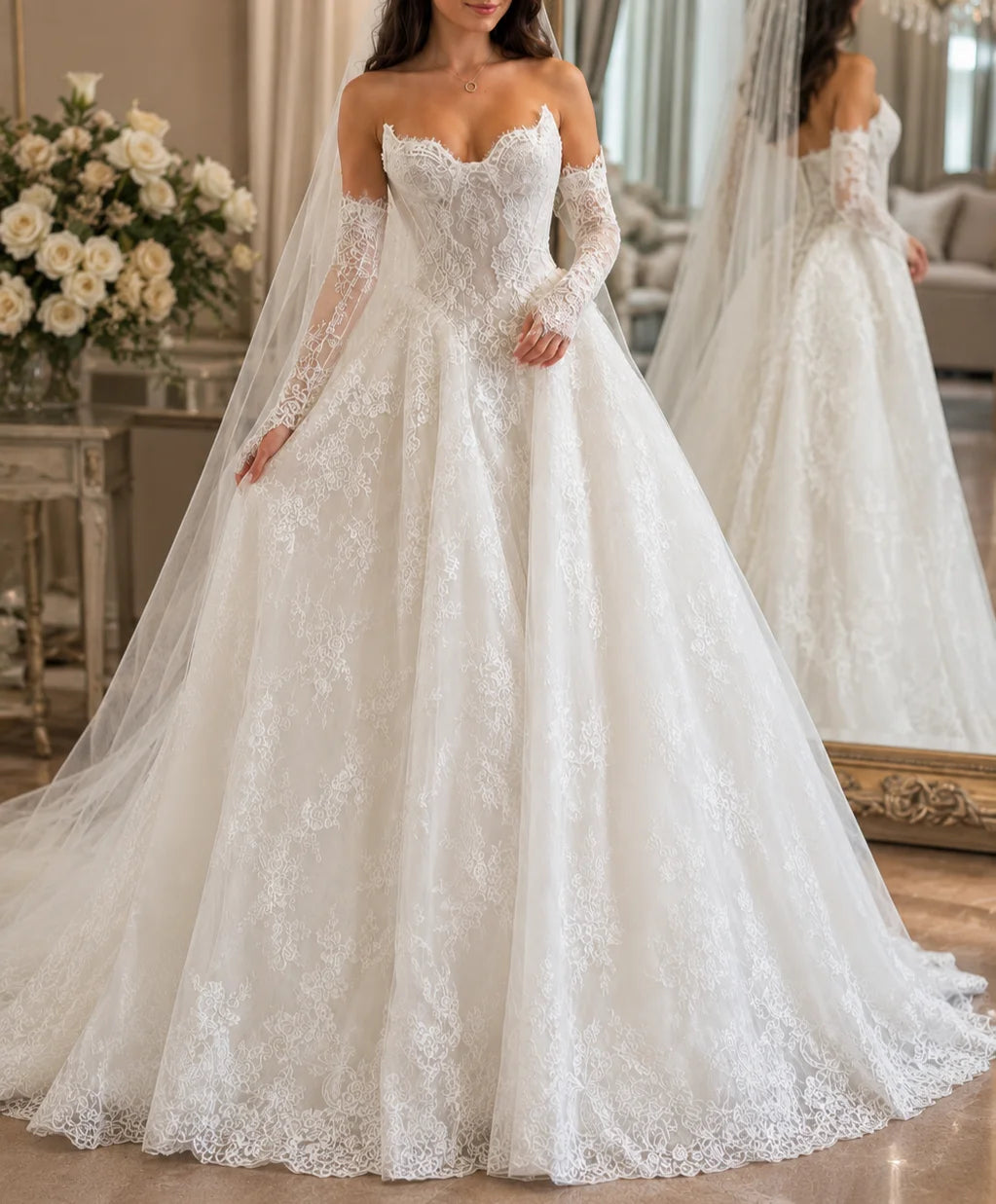 Elegant A-line bridal dress with detachable lace sleeves