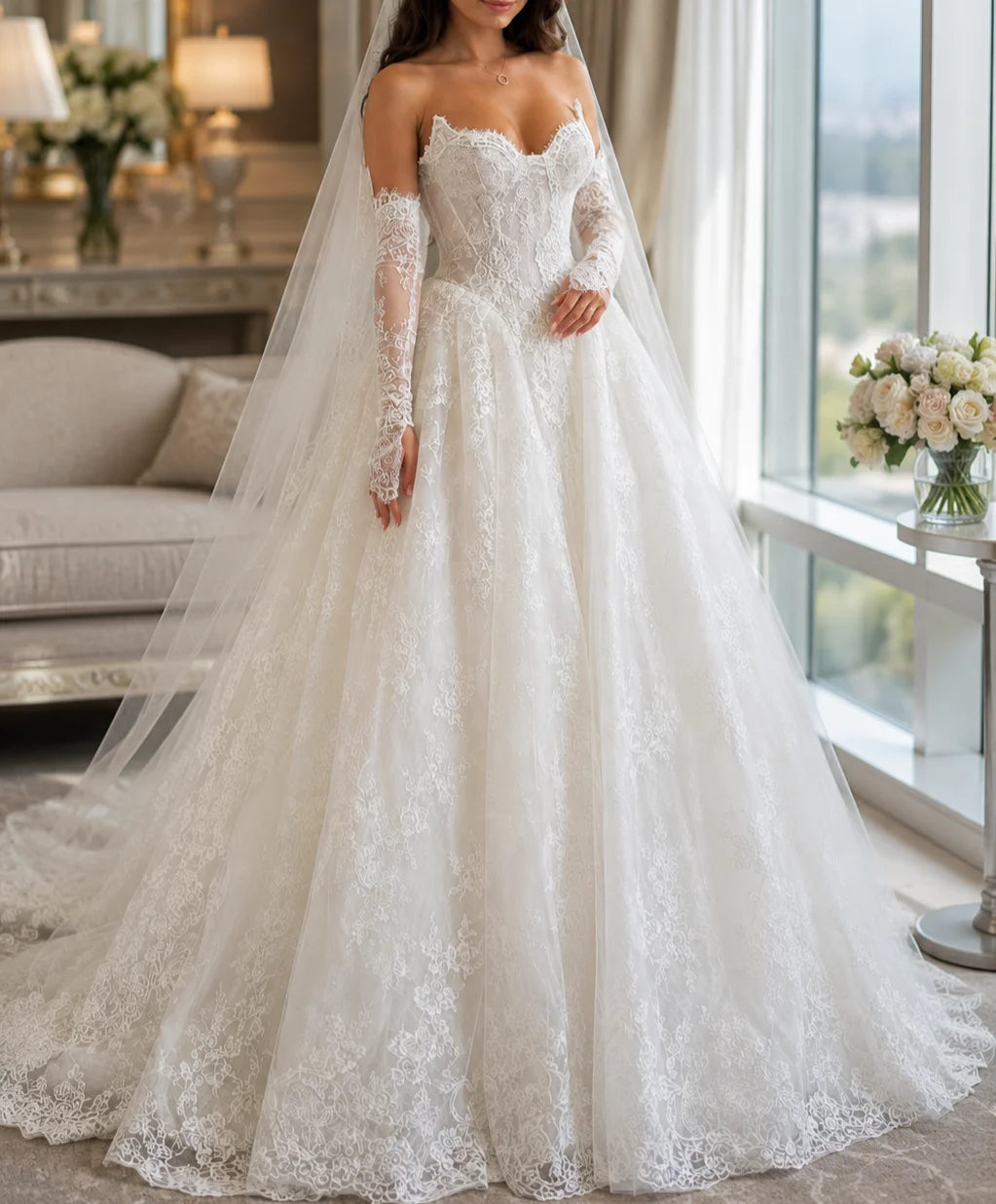 Romantic floor-length lace wedding dress with sweep train