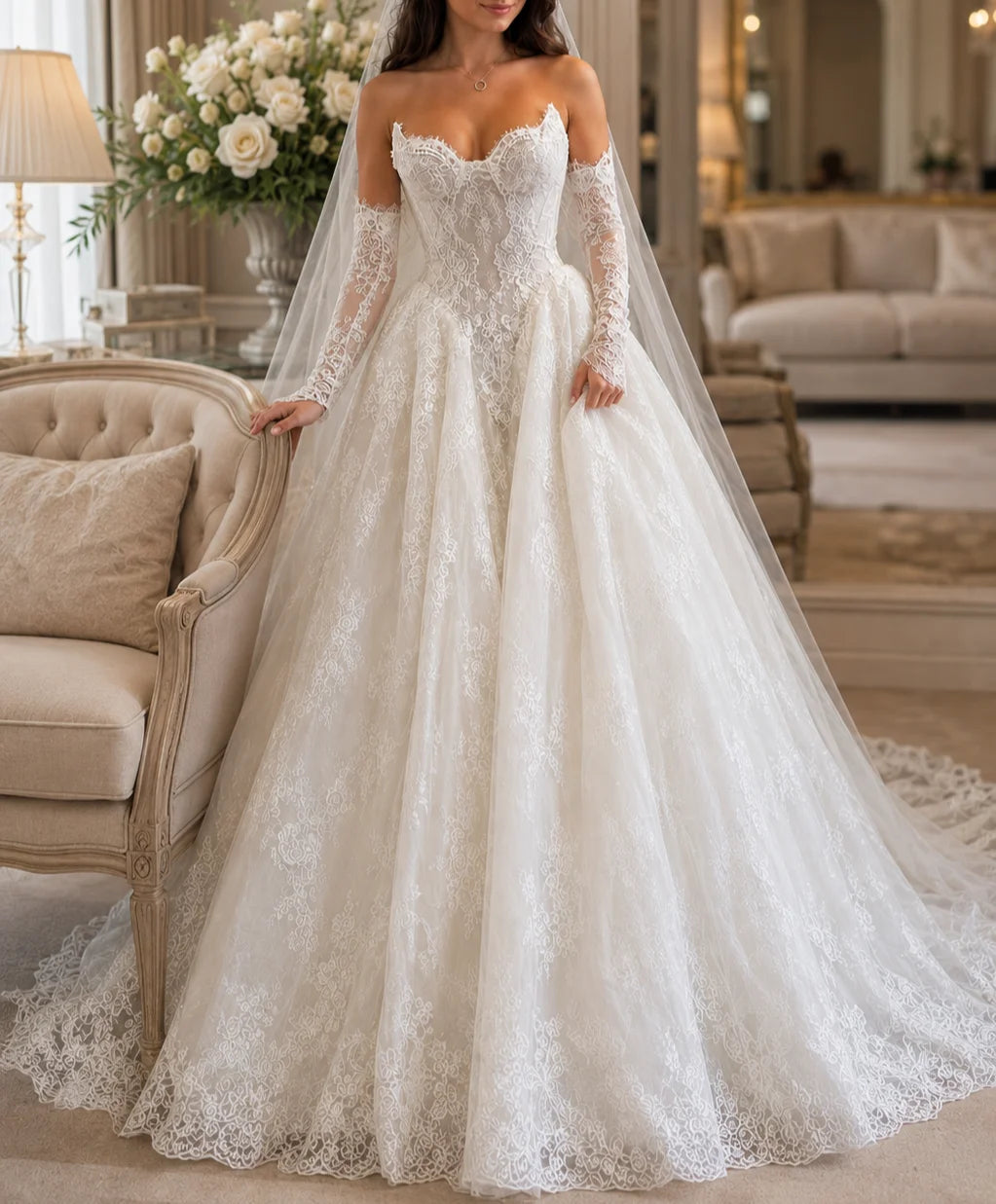 Modest bridal gown with sweetheart neckline and detailed lace bodice